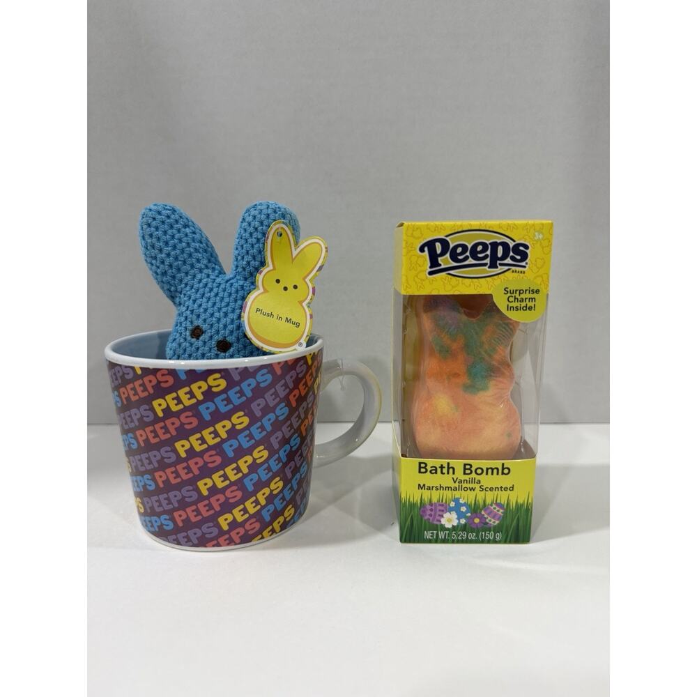 Peeps Gift Set - Blue Plush Bunny In Mug + Vanilla Marshmallow Bath Bomb NIB
